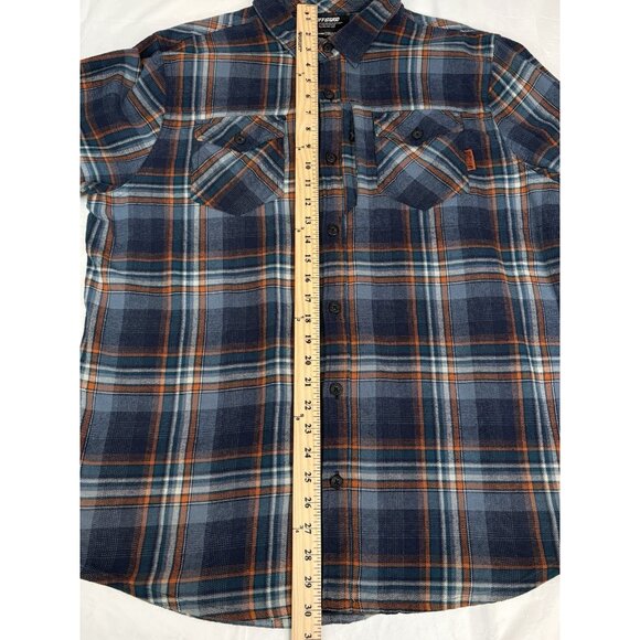 Off The Grid Destroyer Flannel Shirt Men’s XL Blue Orange Plaid Long Sleeve - Picture 10 of 14